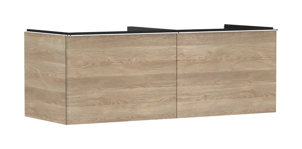 Waschtischunterschrank in Holzoptik von Hansgrohe mit zwei Schubladen. Er bietet Stauraum und ist für Aufsatzwaschtische geeignet.